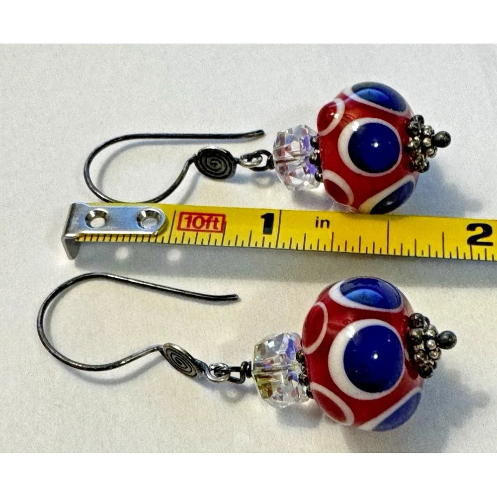 Lampwork Earrings Handmade Red White Blue Glass Bead Dangle Hooks Circle Dots